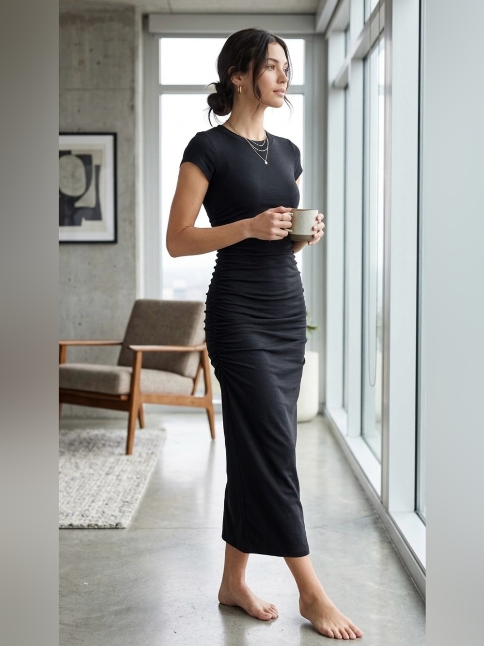 James Perse Black Ruched Short Sleeve Maxi Dress Size 0